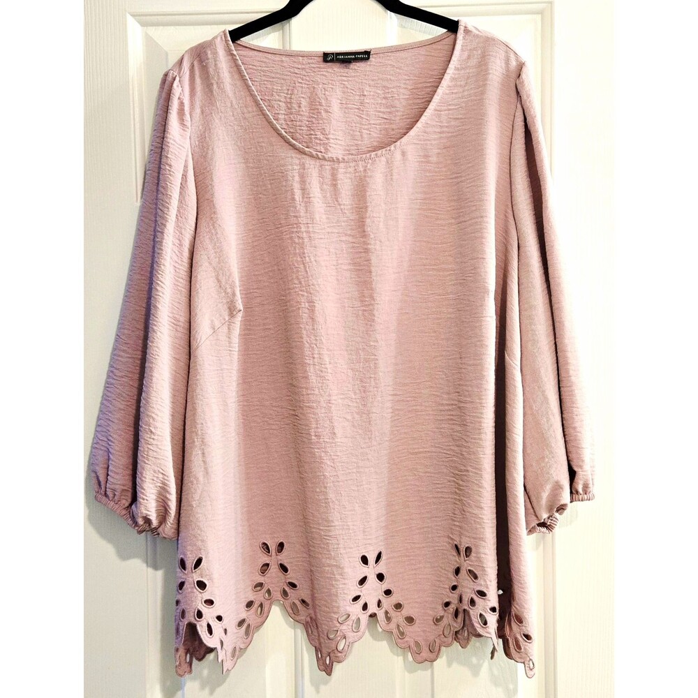 Adrianna Papell 1X Blouse Mauve Pink Laser Cut Scallop Hem Eyelet Boho Crepe Top